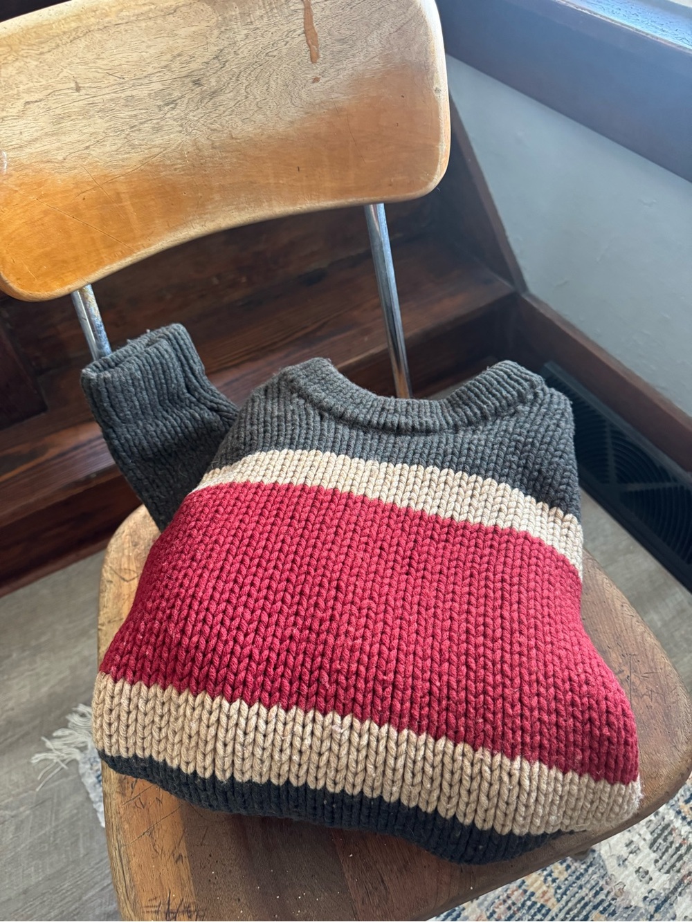 American Eagle Outfitters Dark Green Crewneck Sweater with Red & Cream Stripes